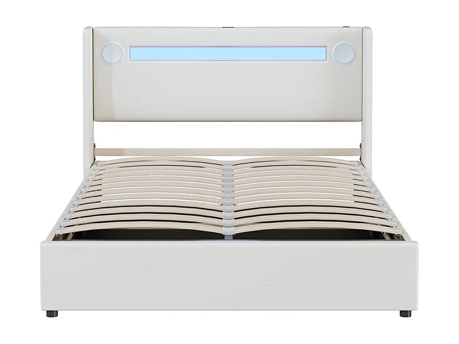 Lit rembourré 140x200cm avec sommier à lattes lit barre lumineuse à led lecteur bluetooth et recharge usb lit double cuir pu blanc
