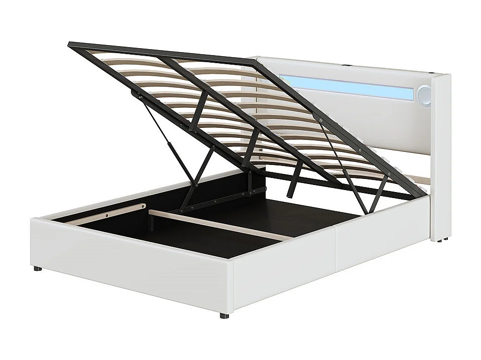 Lit rembourré 140x200cm avec sommier à lattes lit barre lumineuse à led lecteur bluetooth et recharge usb lit double cuir pu blanc