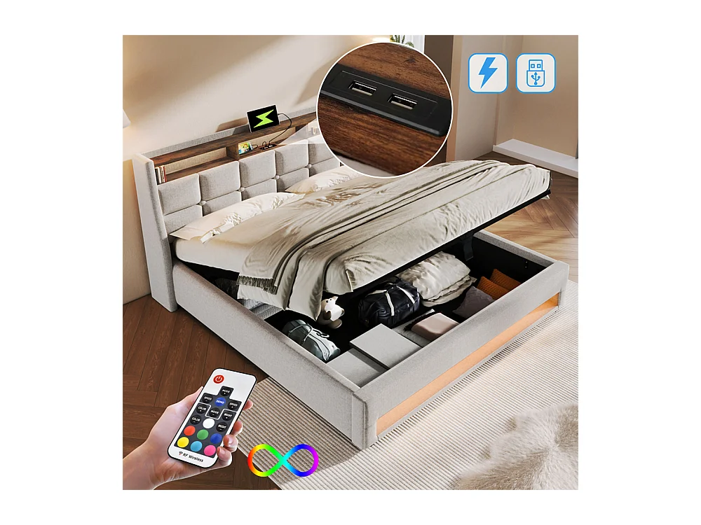 lit rembourré hydraulique 180x200 cm lit de rangement lit usb lit en métal lit cadre à lattes en bois lit led double lin beige