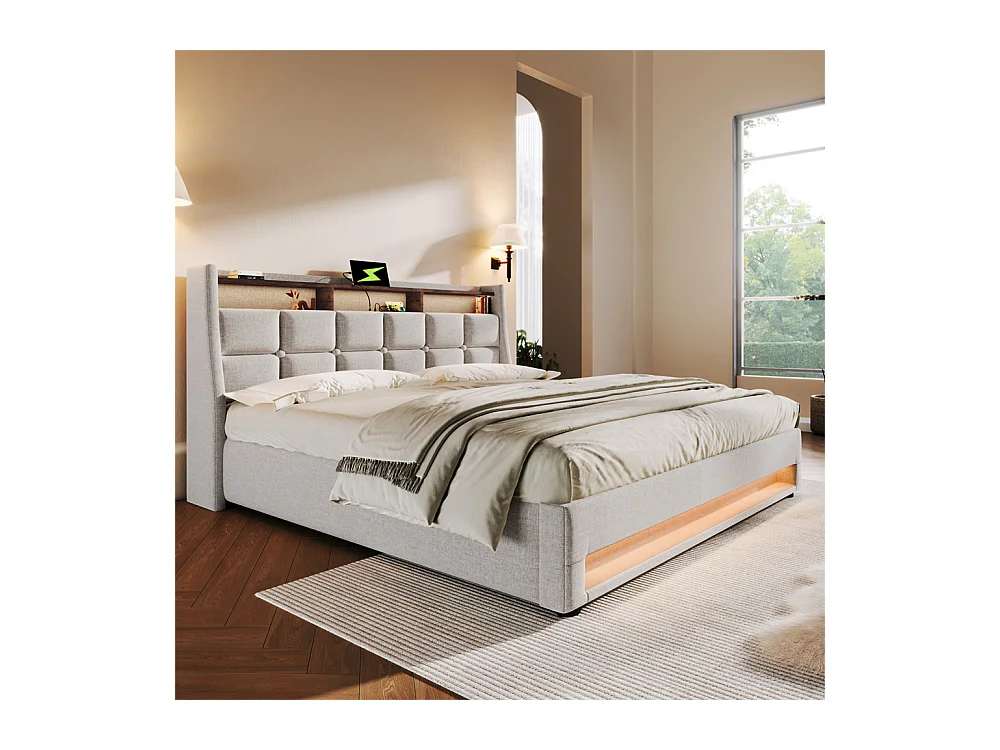 lit rembourré hydraulique 180x200 cm lit de rangement lit usb lit en métal lit cadre à lattes en bois lit led double lin beige