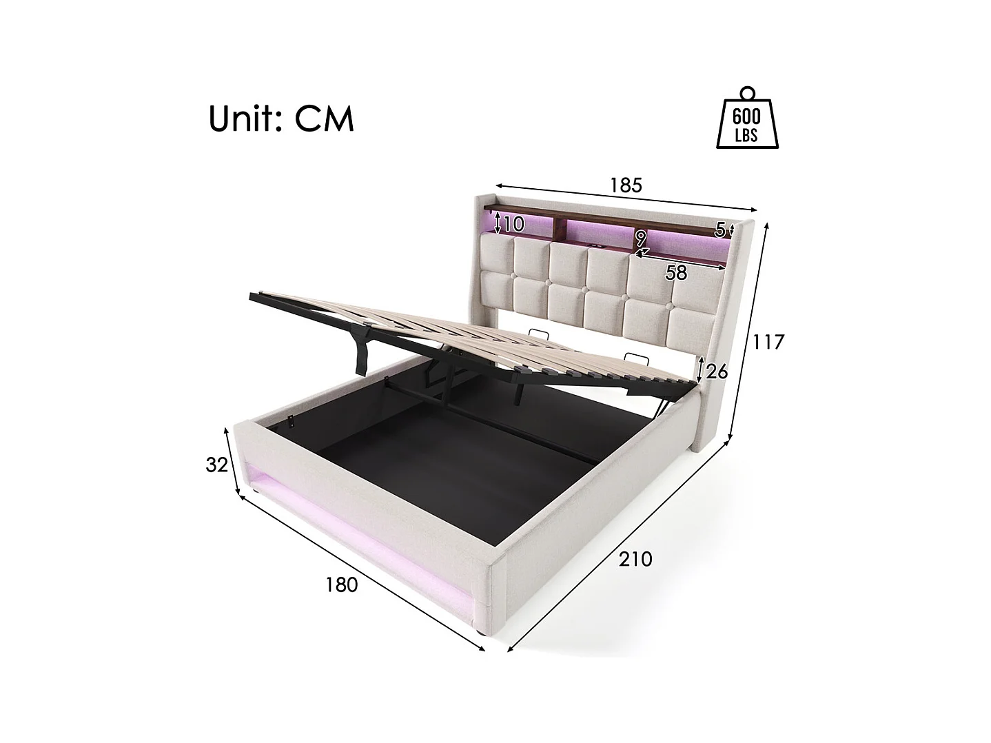 lit rembourré hydraulique 180x200 cm lit de rangement lit usb lit en métal lit cadre à lattes en bois lit led double lin beige