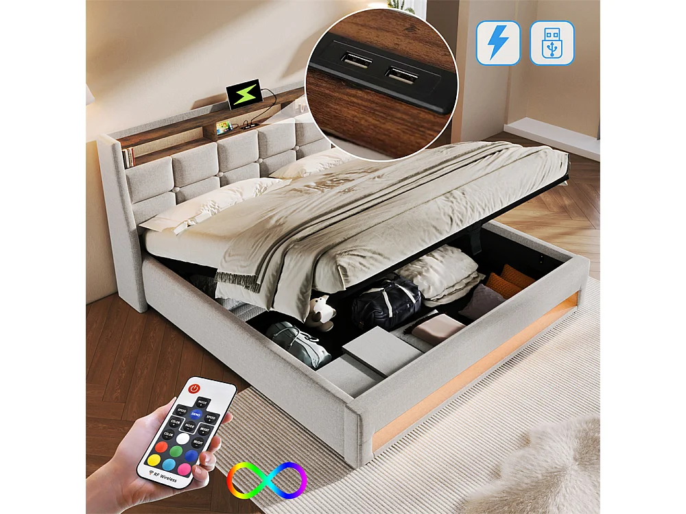 lit rembourré hydraulique 180x200 cm lit de rangement lit usb lit en métal lit cadre à lattes en bois lit led double lin beige