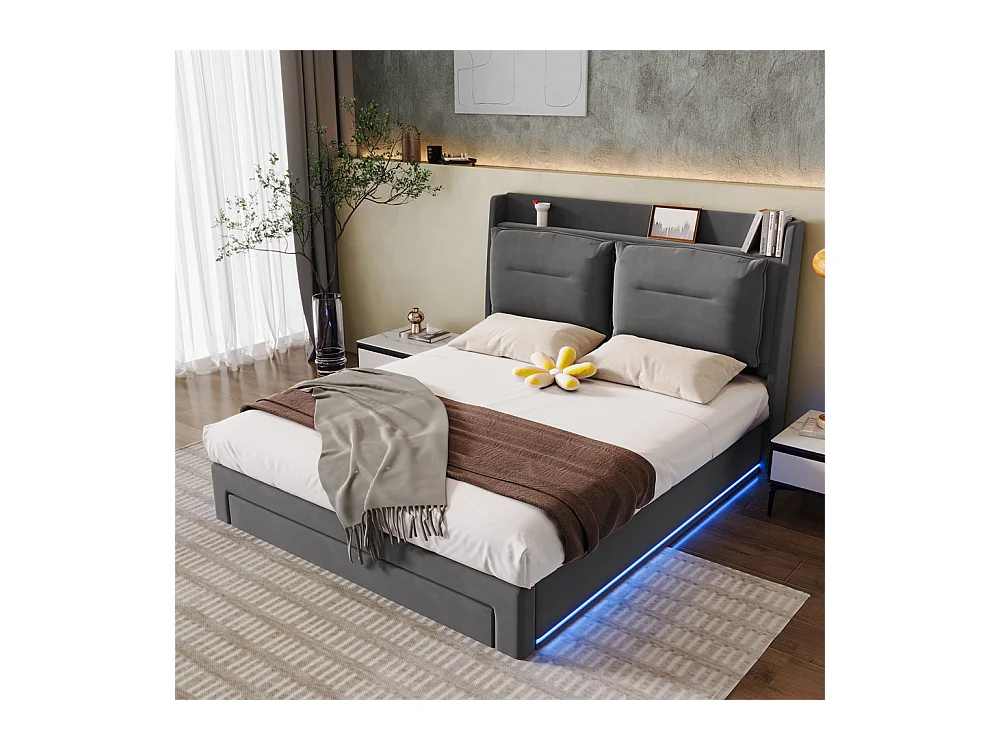 Hydraulisch gestoffeerd bed 160x200cm, opberglades, met lattenbodem, zonder matras, fluweel, donkergrijs