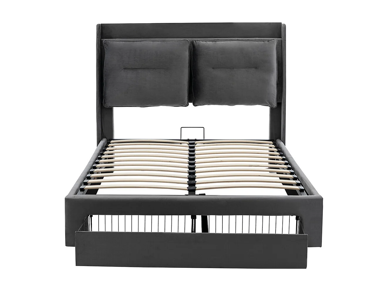 Hydraulisch gestoffeerd bed 160x200cm, opberglades, met lattenbodem, zonder matras, fluweel, donkergrijs