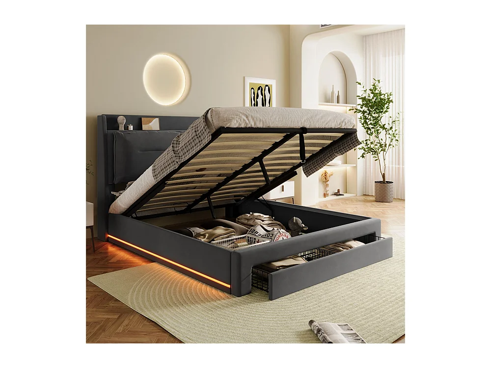 Hydraulisch gestoffeerd bed 160x200cm, opberglades, met lattenbodem, zonder matras, fluweel, donkergrijs