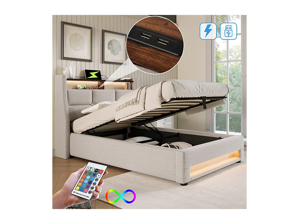 Hydraulisch gestoffeerd bed 90x200cm opbergbed usb bed metalen bed houten lattenbodem bed eenpersoonsbed led bed beige linnen