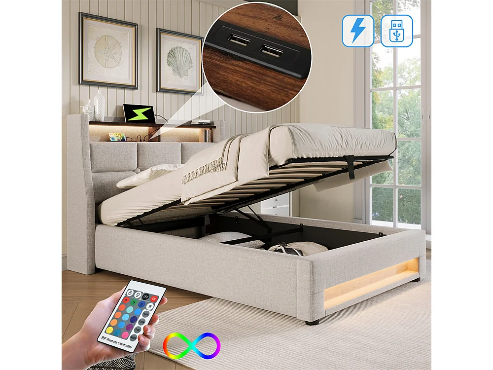 Hydraulisch gestoffeerd bed 90x200cm opbergbed usb bed metalen bed houten lattenbodem bed eenpersoonsbed led bed beige linnen
