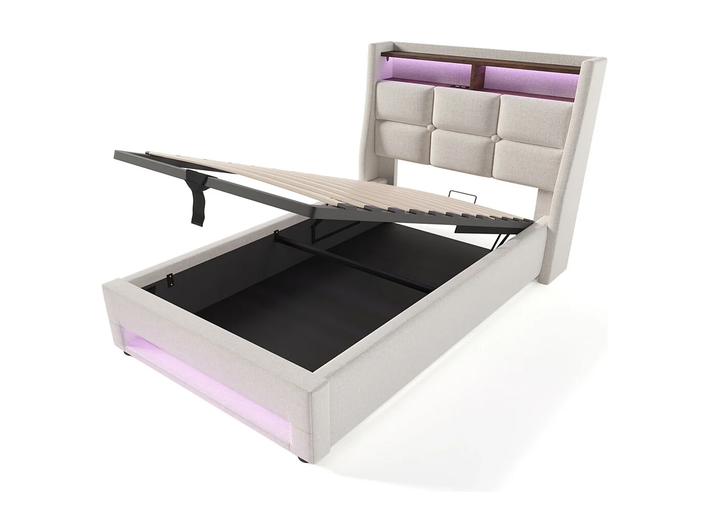 Hydraulisch gestoffeerd bed 90x200cm opbergbed usb bed metalen bed houten lattenbodem bed eenpersoonsbed led bed beige linnen