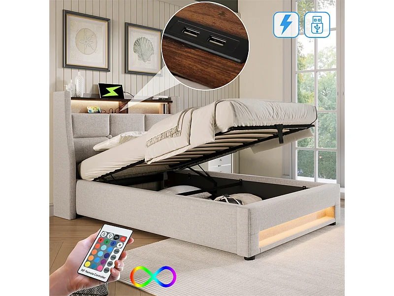 Hydraulisch gestoffeerd bed 90x200cm opbergbed usb bed metalen bed houten lattenbodem bed eenpersoonsbed led bed beige linnen