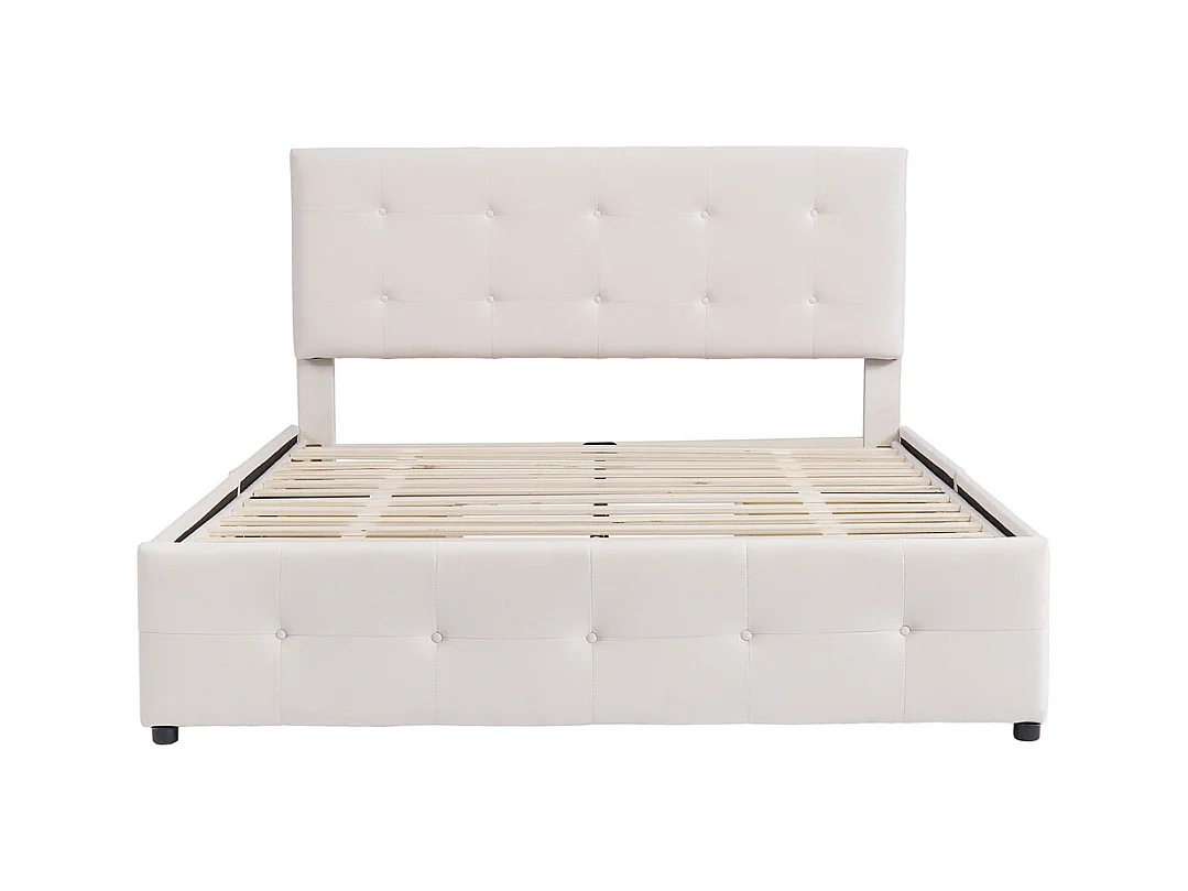 Volwassen bed 140x200 cm gestoffeerd bed met lades en lattenbodem tweepersoonsbed beige fluweel