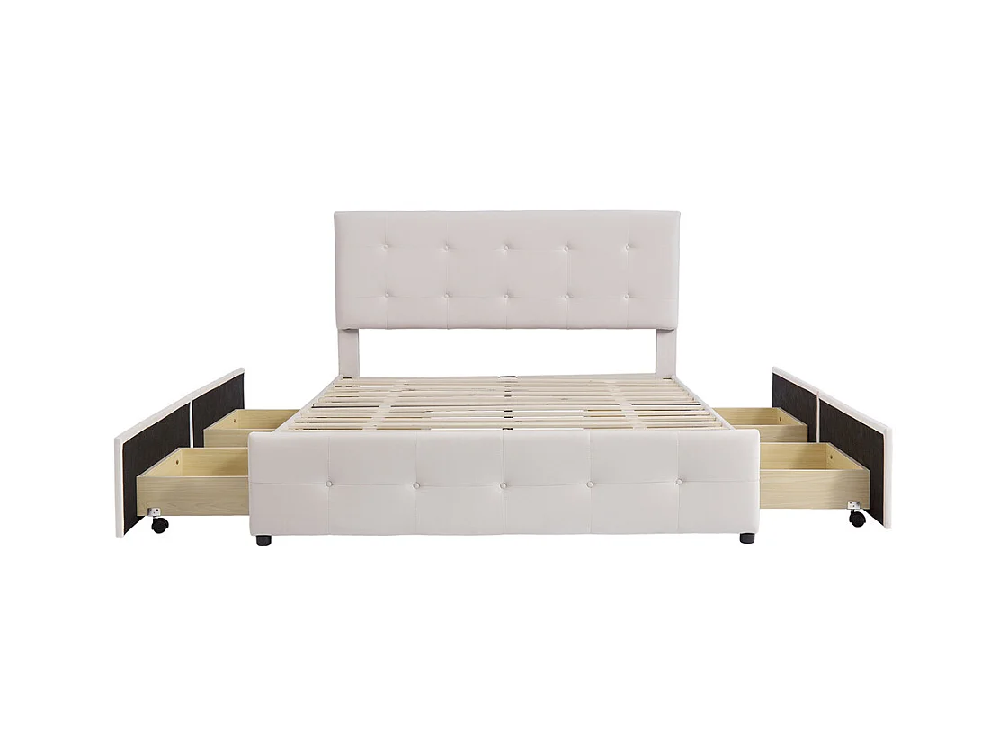 Volwassen bed 140x200 cm gestoffeerd bed met lades en lattenbodem tweepersoonsbed beige fluweel