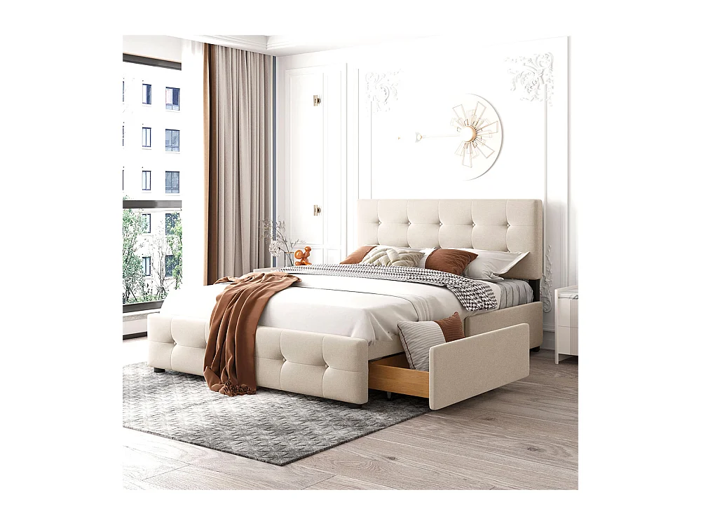 Volwassen bed 140x200 cm gestoffeerd bed met lades en lattenbodem tweepersoonsbed beige fluweel