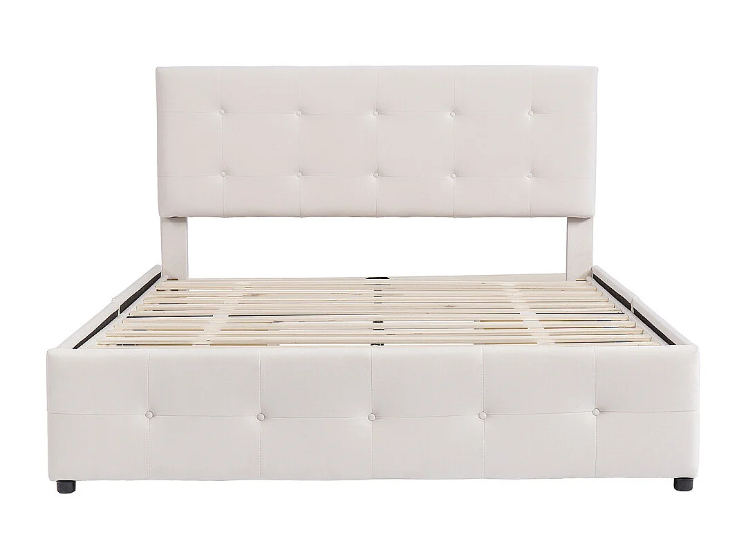 Volwassen bed 140x200 cm gestoffeerd bed met lades en lattenbodem tweepersoonsbed beige fluweel