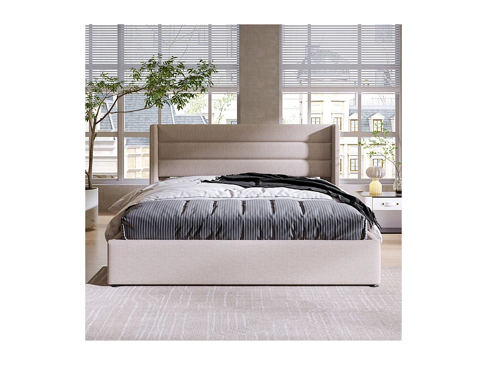 Lit rembourré hydraulique lit coffre 160x200 cm lit de rangement lit sommier à lattes en bois lit en métal lit double lin beige