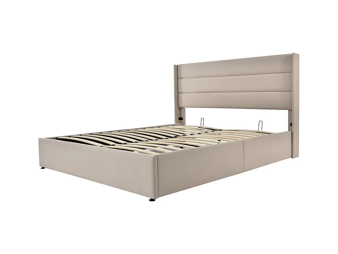 Lit rembourré hydraulique lit coffre 160x200 cm lit de rangement lit sommier à lattes en bois lit en métal lit double lin beige
