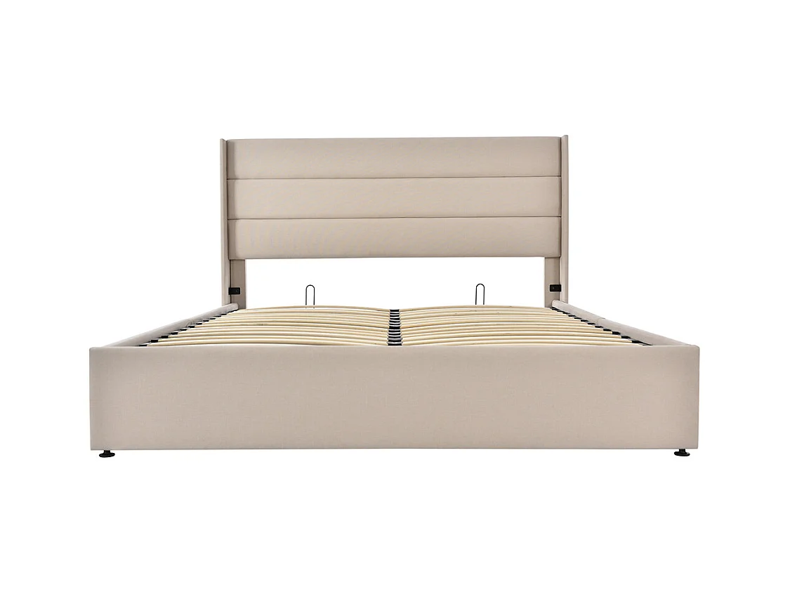 Lit rembourré hydraulique lit coffre 160x200 cm lit de rangement lit sommier à lattes en bois lit en métal lit double lin beige