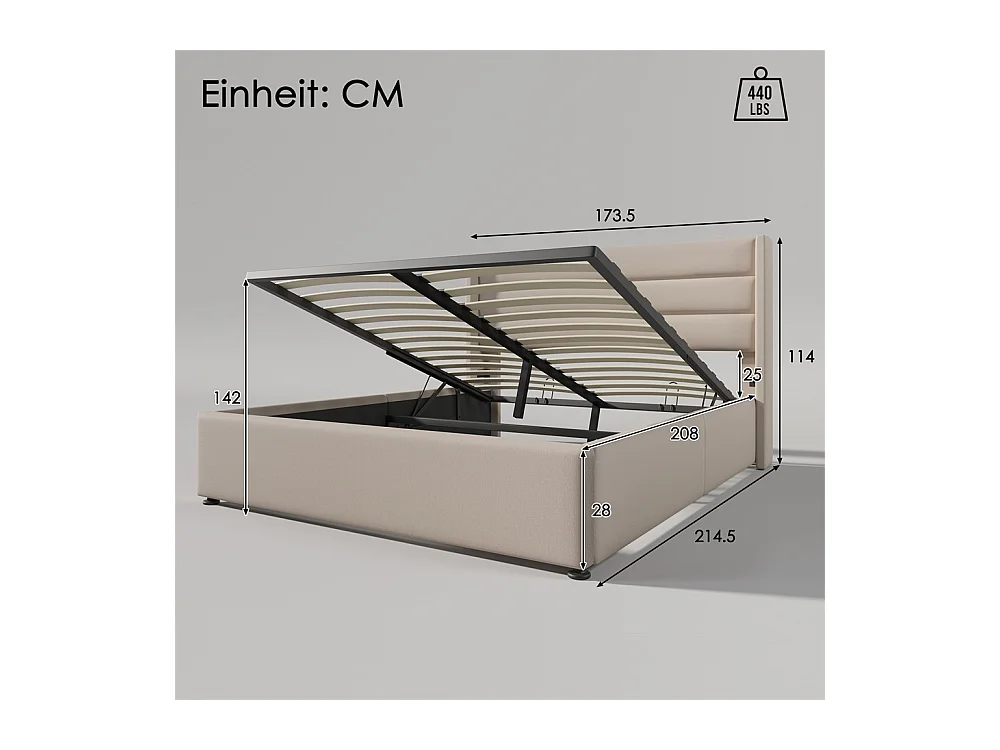 Lit rembourré hydraulique lit coffre 160x200 cm lit de rangement lit sommier à lattes en bois lit en métal lit double lin beige