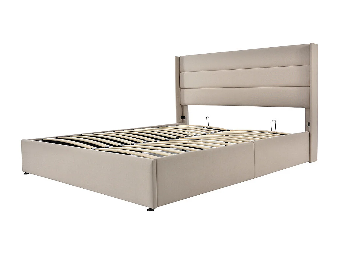 Lit rembourré hydraulique lit coffre 160x200 cm lit de rangement lit sommier à lattes en bois lit en métal lit double lin beige