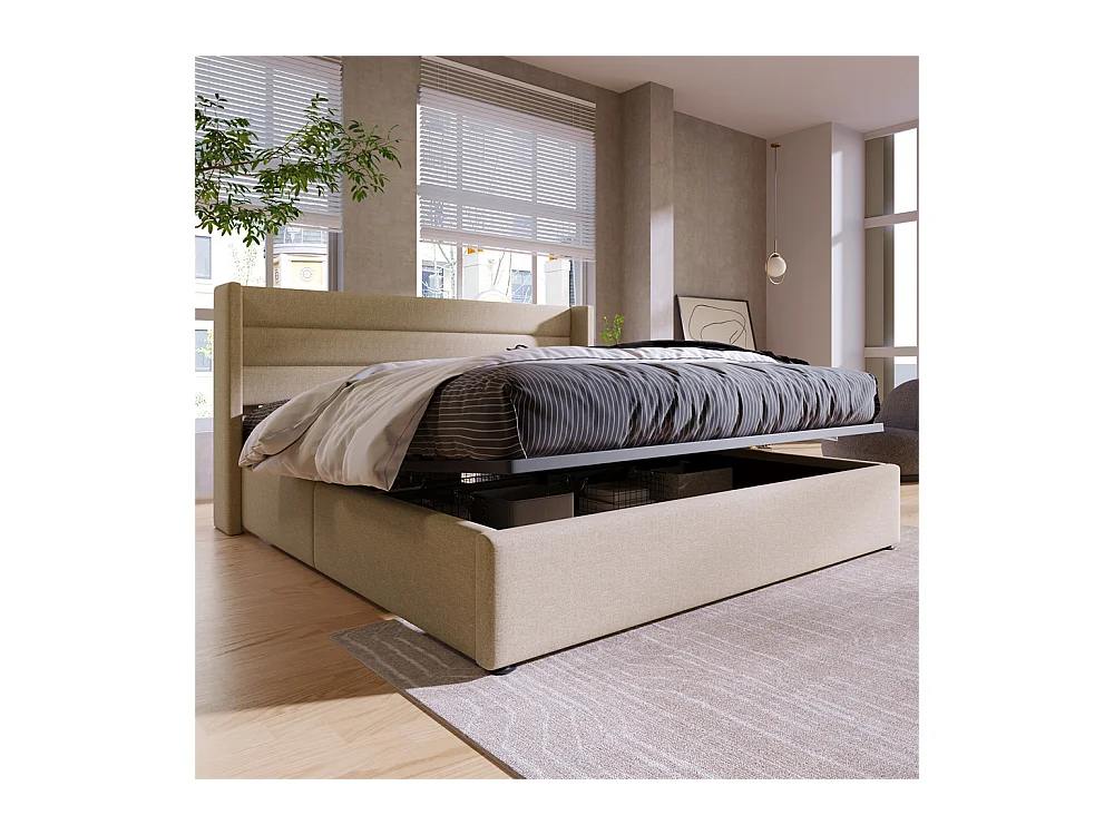 Hydraulisch gestoffeerd bed, 140x200cm, bed met opbergruimte, met houten lattenbodem, metalen frame, linnen, beige