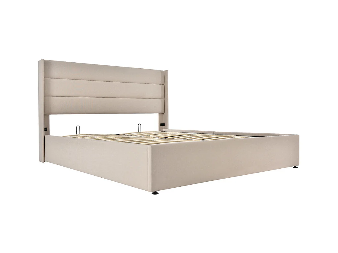 Hydraulisch gestoffeerd bed, 140x200cm, bed met opbergruimte, met houten lattenbodem, metalen frame, linnen, beige