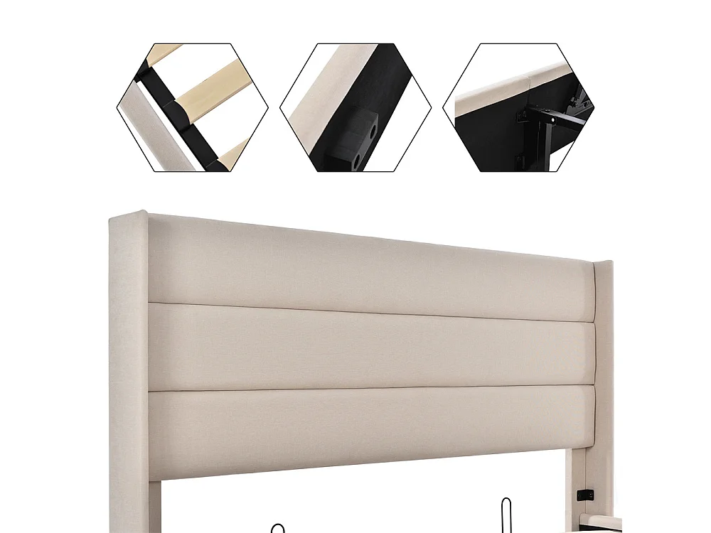 Hydraulisch gestoffeerd bed, 140x200cm, bed met opbergruimte, met houten lattenbodem, metalen frame, linnen, beige