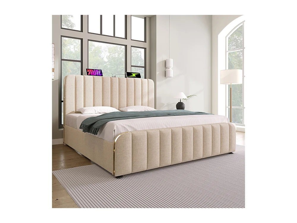 Lit rembourré hydraulique 180x200 cm, lit double, lit avec rangement, tête de lit avec fonction de recharge USB Type-C, lin, beige