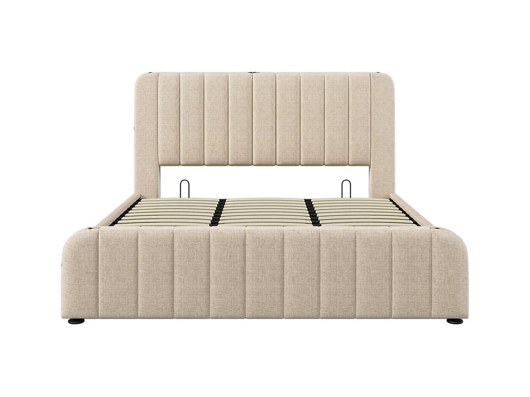 Lit rembourré hydraulique 180x200 cm, lit double, lit avec rangement, tête de lit avec fonction de recharge USB Type-C, lin, beige