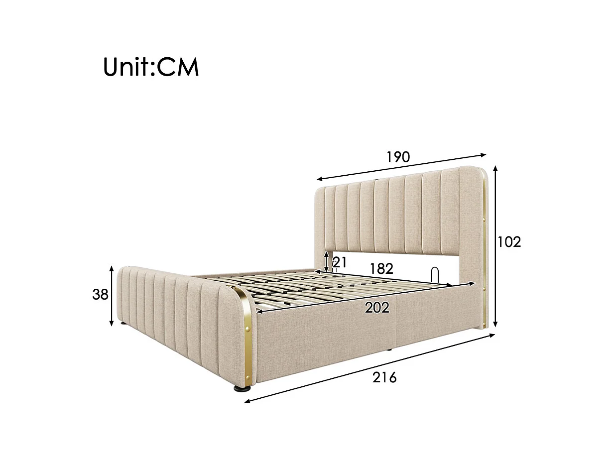 Lit rembourré hydraulique 180x200 cm, lit double, lit avec rangement, tête de lit avec fonction de recharge USB Type-C, lin, beige