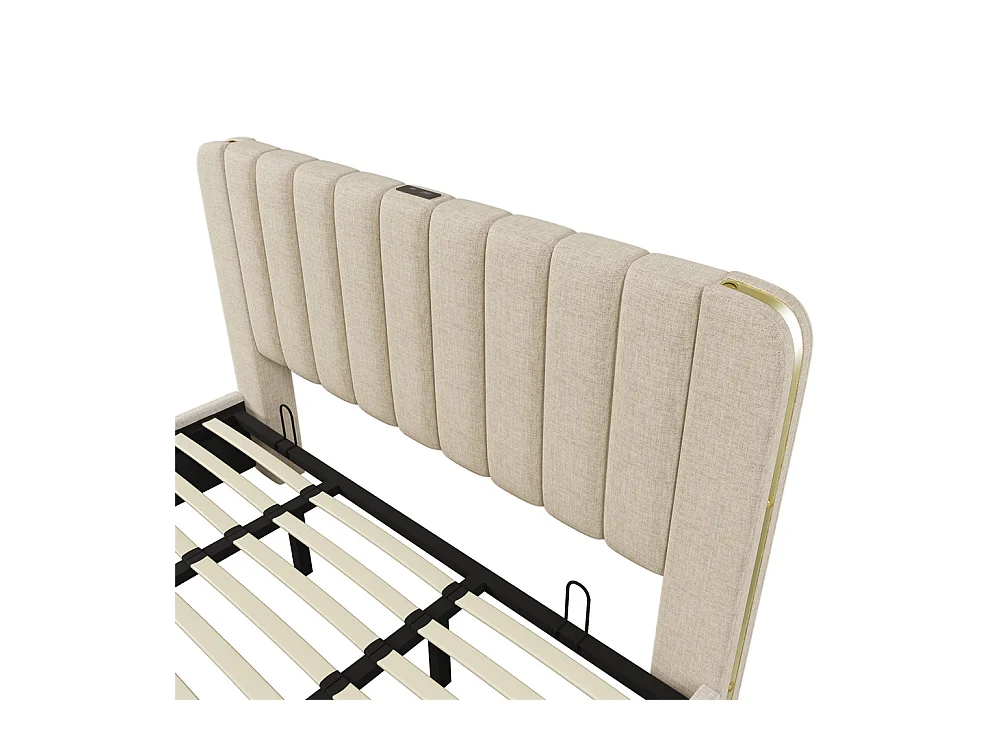 Lit rembourré hydraulique 180x200 cm, lit double, lit avec rangement, tête de lit avec fonction de recharge USB Type-C, lin, beige