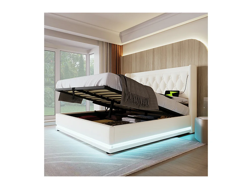 Lit rembourré hydraulique 140x200cm lit de rangement lit double avec fonction de charge usb type-c tête de lit pu blanc