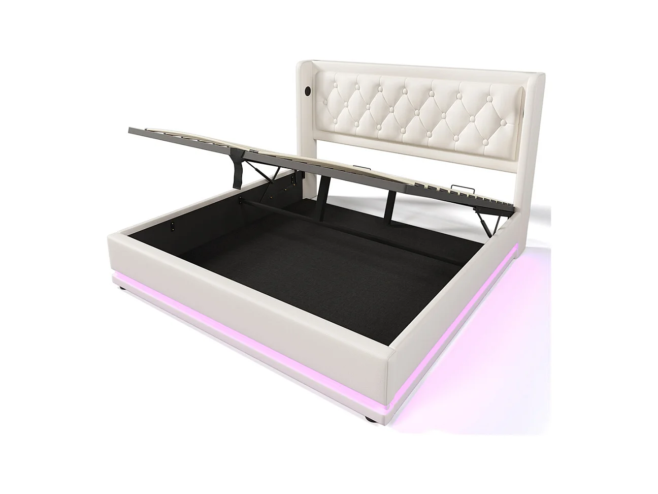 Lit rembourré hydraulique 140x200cm lit de rangement lit double avec fonction de charge usb type-c tête de lit pu blanc