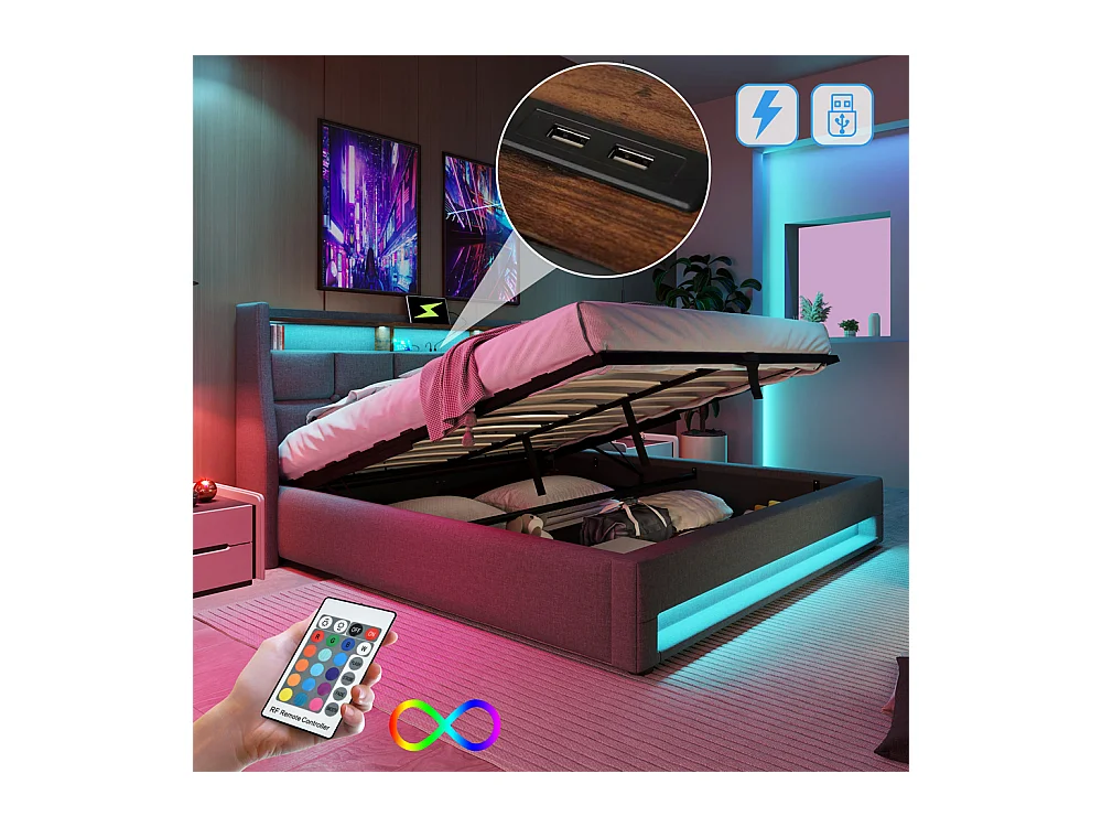 lit rembourré hydraulique 160x200 cm, lit de rangement LED avec port USB, sommier à lattes et cadre métallique, lin, gris