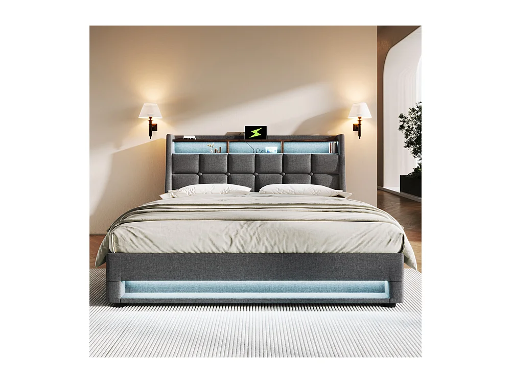 lit rembourré hydraulique 160x200 cm, lit de rangement LED avec port USB, sommier à lattes et cadre métallique, lin, gris