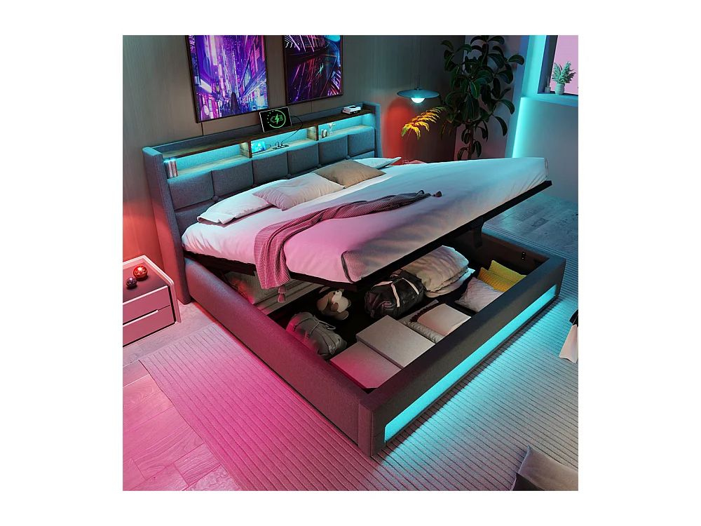 lit rembourré hydraulique 160x200 cm, lit de rangement LED avec port USB, sommier à lattes et cadre métallique, lin, gris