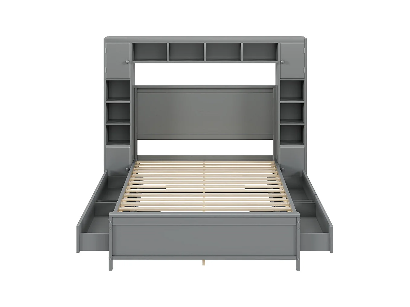 Volwassen bed 140x200 cm lattenbodem met 4 lades en opbergkast tweepersoonsbed massief hout grijs