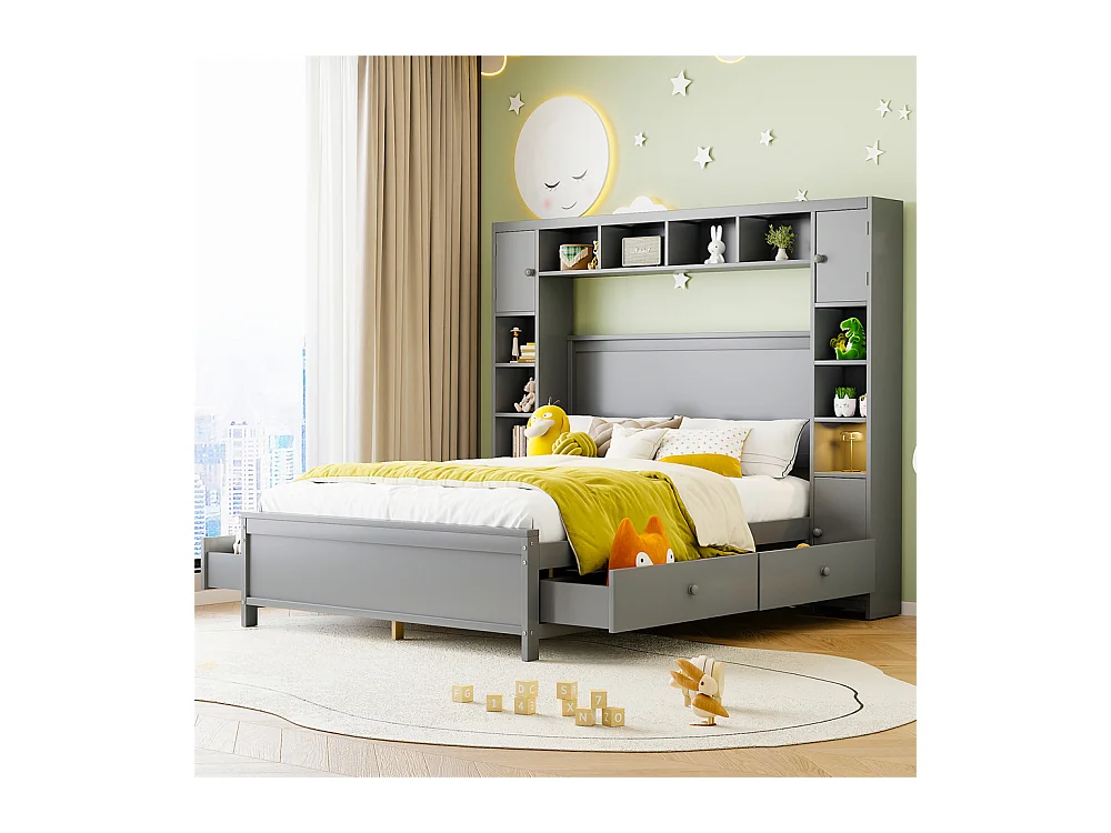 Volwassen bed 140x200 cm lattenbodem met 4 lades en opbergkast tweepersoonsbed massief hout grijs