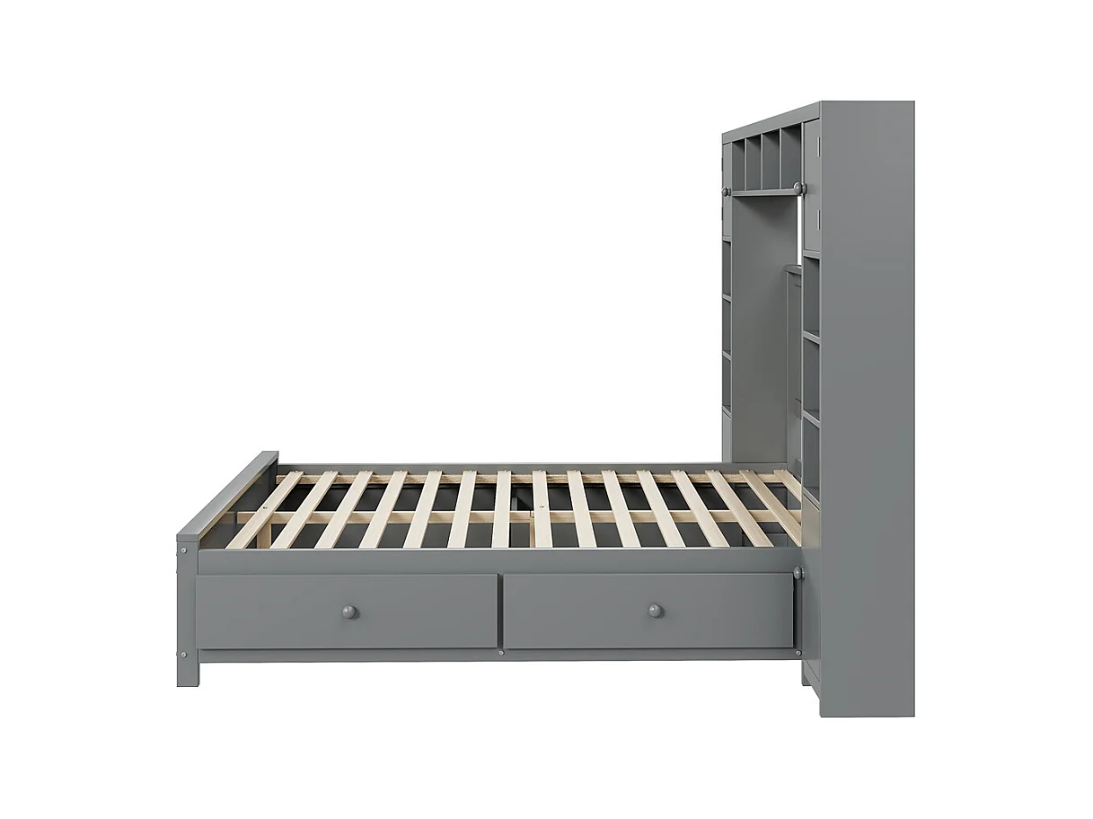 Volwassen bed 140x200 cm lattenbodem met 4 lades en opbergkast tweepersoonsbed massief hout grijs