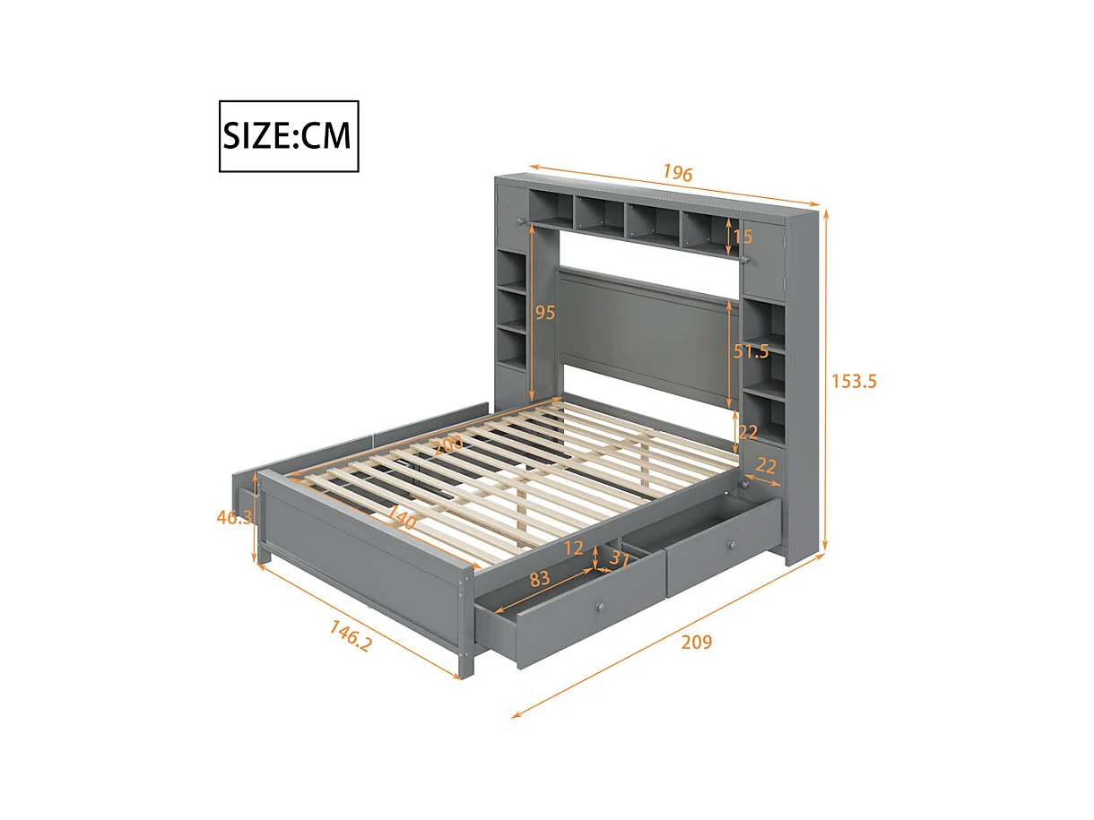 Volwassen bed 140x200 cm lattenbodem met 4 lades en opbergkast tweepersoonsbed massief hout grijs
