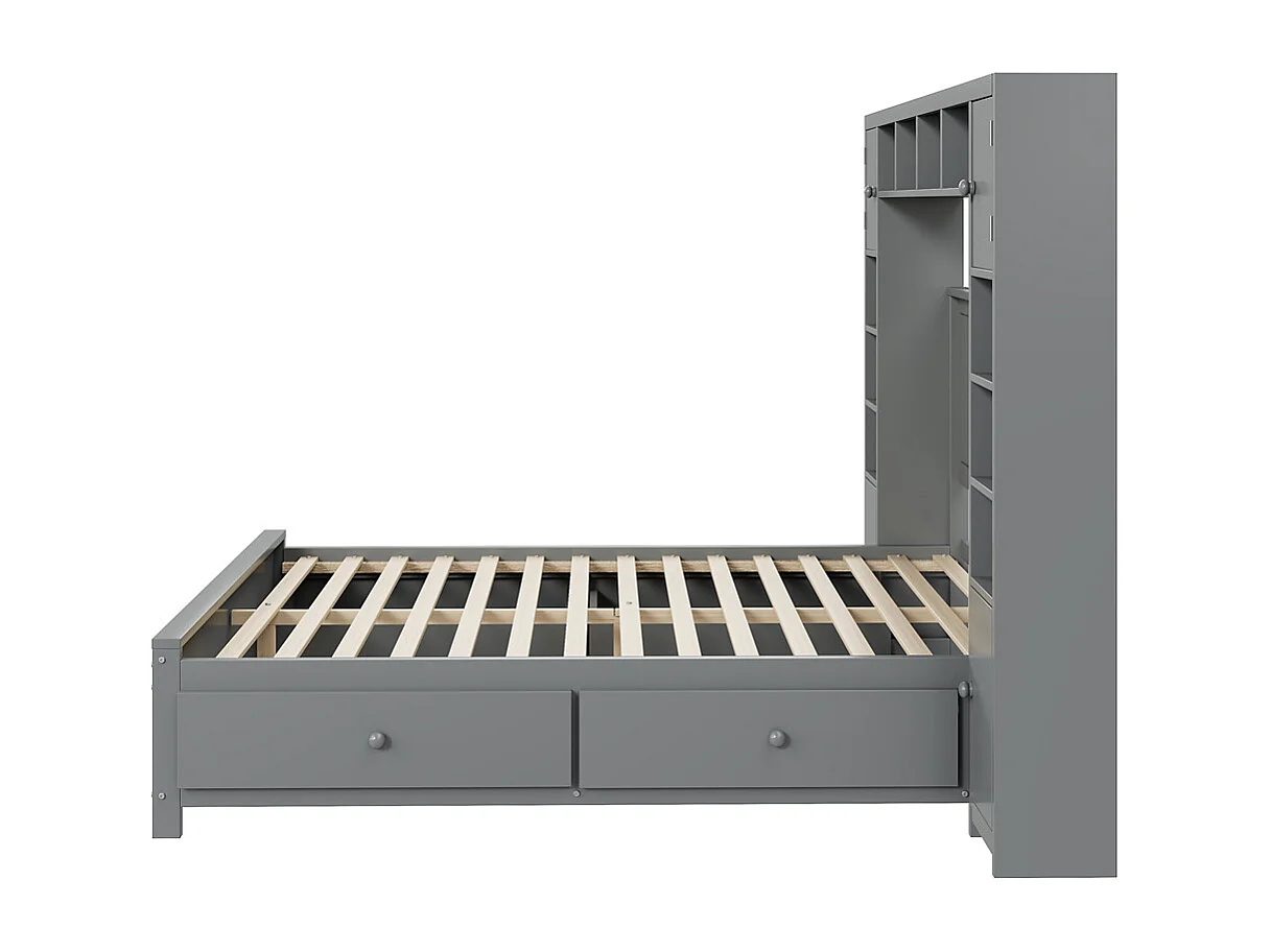 Volwassen bed 140x200 cm lattenbodem met 4 lades en opbergkast tweepersoonsbed massief hout grijs