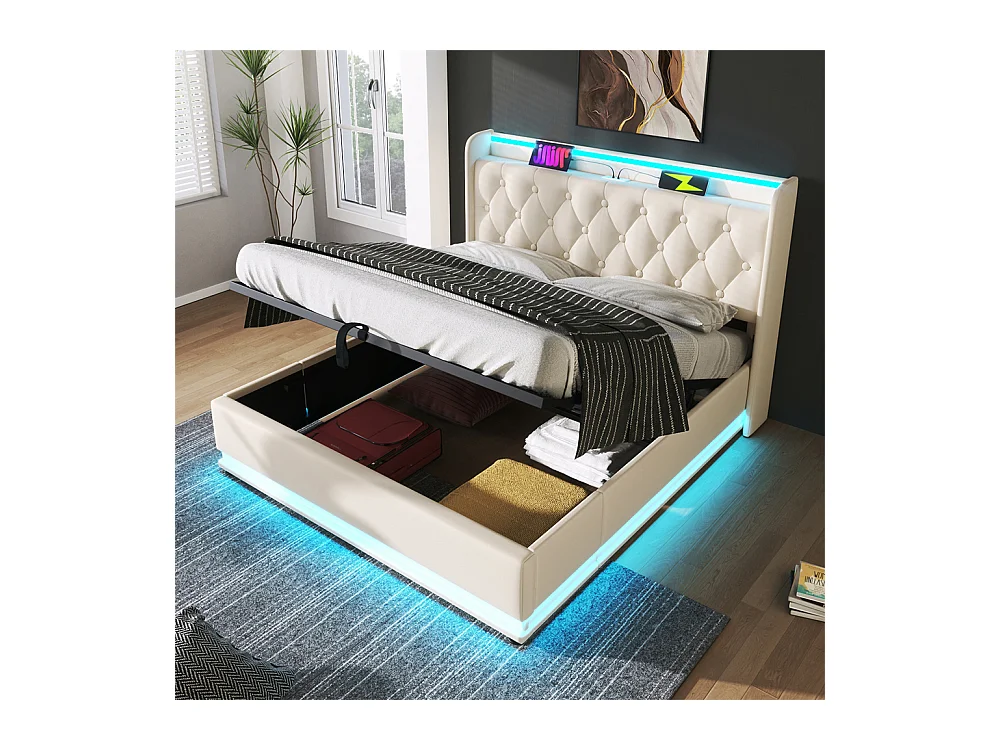 Hydraulisch gestoffeerd bed 160x200 cm, tweepersoonsbed met LED-verlichting en USB Type-C-oplaadfunctie, bed met opbergruimte, PU, wit