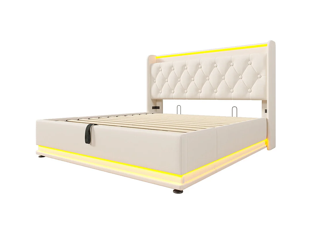 Hydraulisch gestoffeerd bed 160x200 cm, tweepersoonsbed met LED-verlichting en USB Type-C-oplaadfunctie, bed met opbergruimte, PU, wit