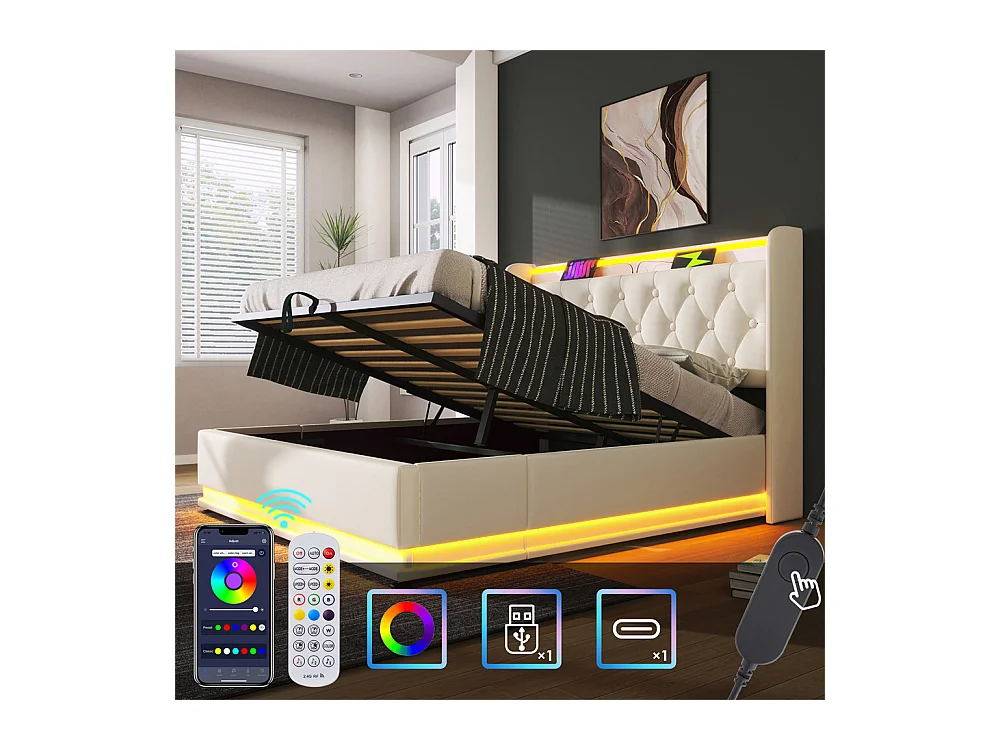 Hydraulisch gestoffeerd bed 160x200 cm, tweepersoonsbed met LED-verlichting en USB Type-C-oplaadfunctie, bed met opbergruimte, PU, wit