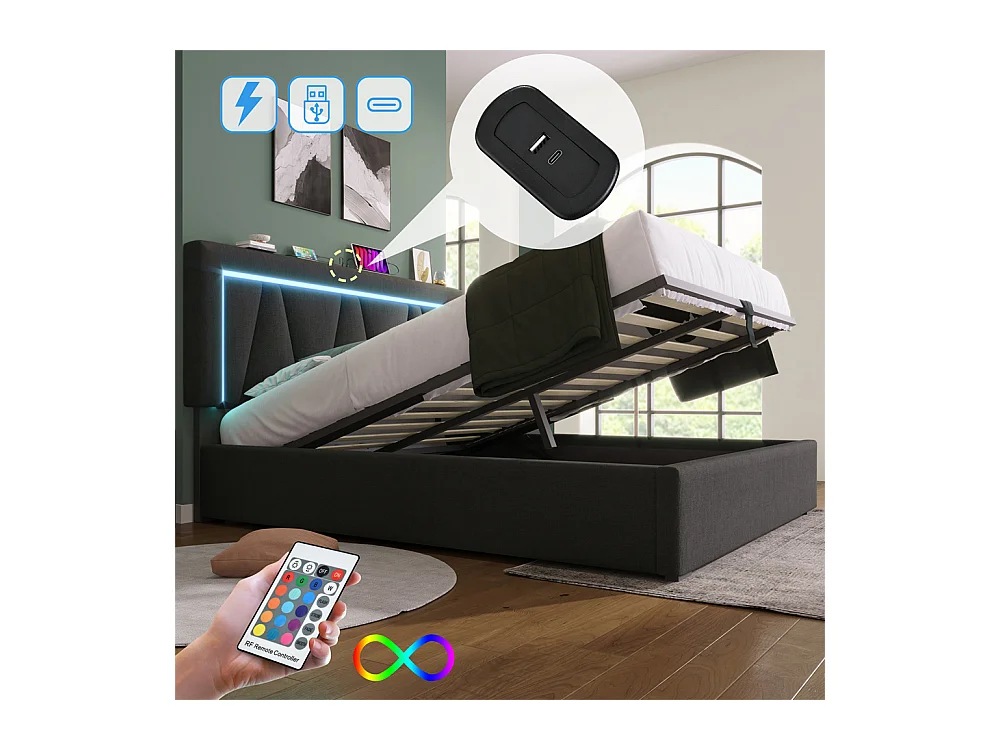 lit de rangement 160x200 cm lit rembourré lit eclairage led avec fonction de chargement usb type c lit double lin gris