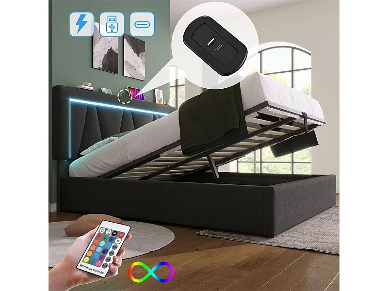 lit de rangement 160x200 cm lit rembourré lit eclairage led avec fonction de chargement usb type c lit double lin gris