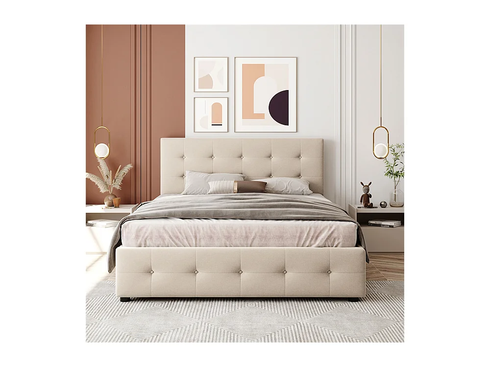 Lit adulte lit 140x200 cm lit rembourré avec tiroirs et sommier à lattes lit double velours beige