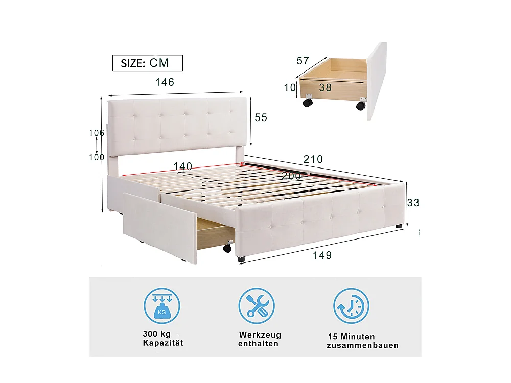 Lit adulte lit 140x200 cm lit rembourré avec tiroirs et sommier à lattes lit double velours beige