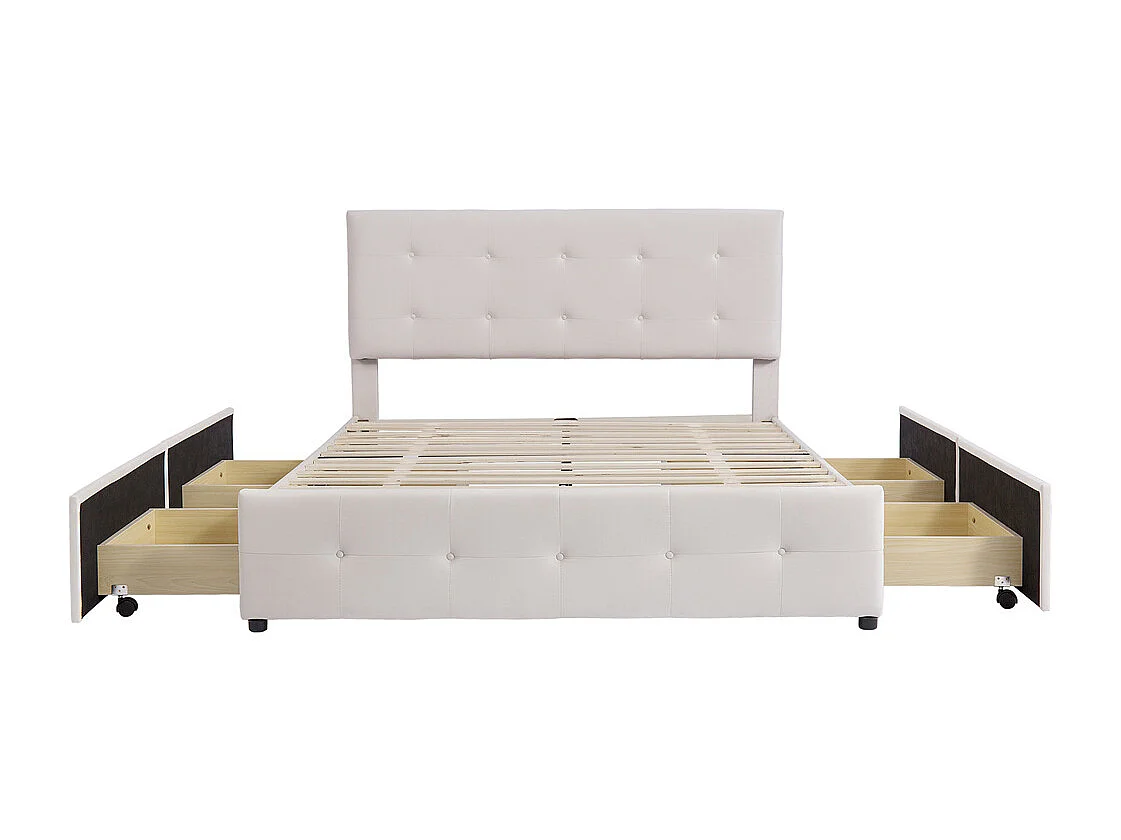 Lit adulte lit 140x200 cm lit rembourré avec tiroirs et sommier à lattes lit double velours beige