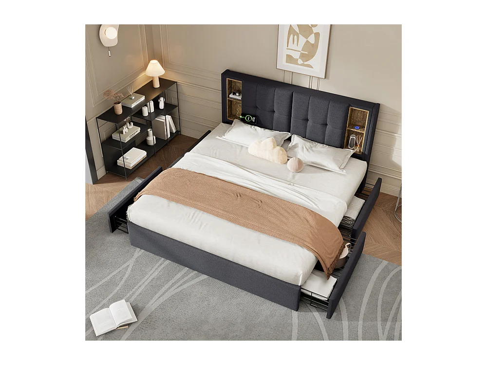 Tweepersoonsbed 160x200cm, gestoffeerd bedframe met lattenbodem, draadloos opladen via USB C en 4 lades, grijs linnen, zonder matras