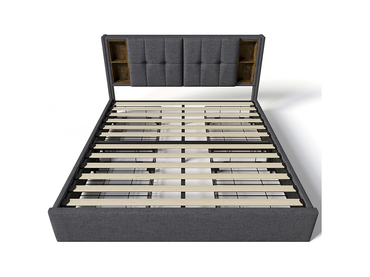 Tweepersoonsbed 160x200cm, gestoffeerd bedframe met lattenbodem, draadloos opladen via USB C en 4 lades, grijs linnen, zonder matras