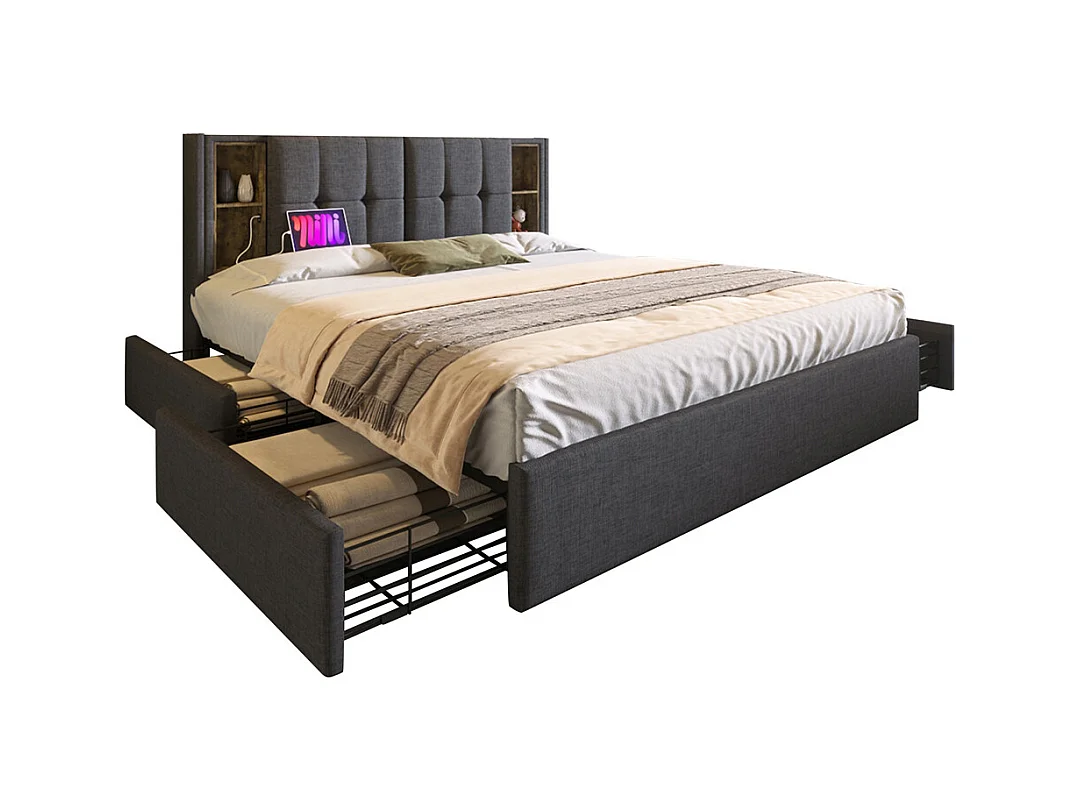 Tweepersoonsbed 160x200cm, gestoffeerd bedframe met lattenbodem, draadloos opladen via USB C en 4 lades, grijs linnen, zonder matras